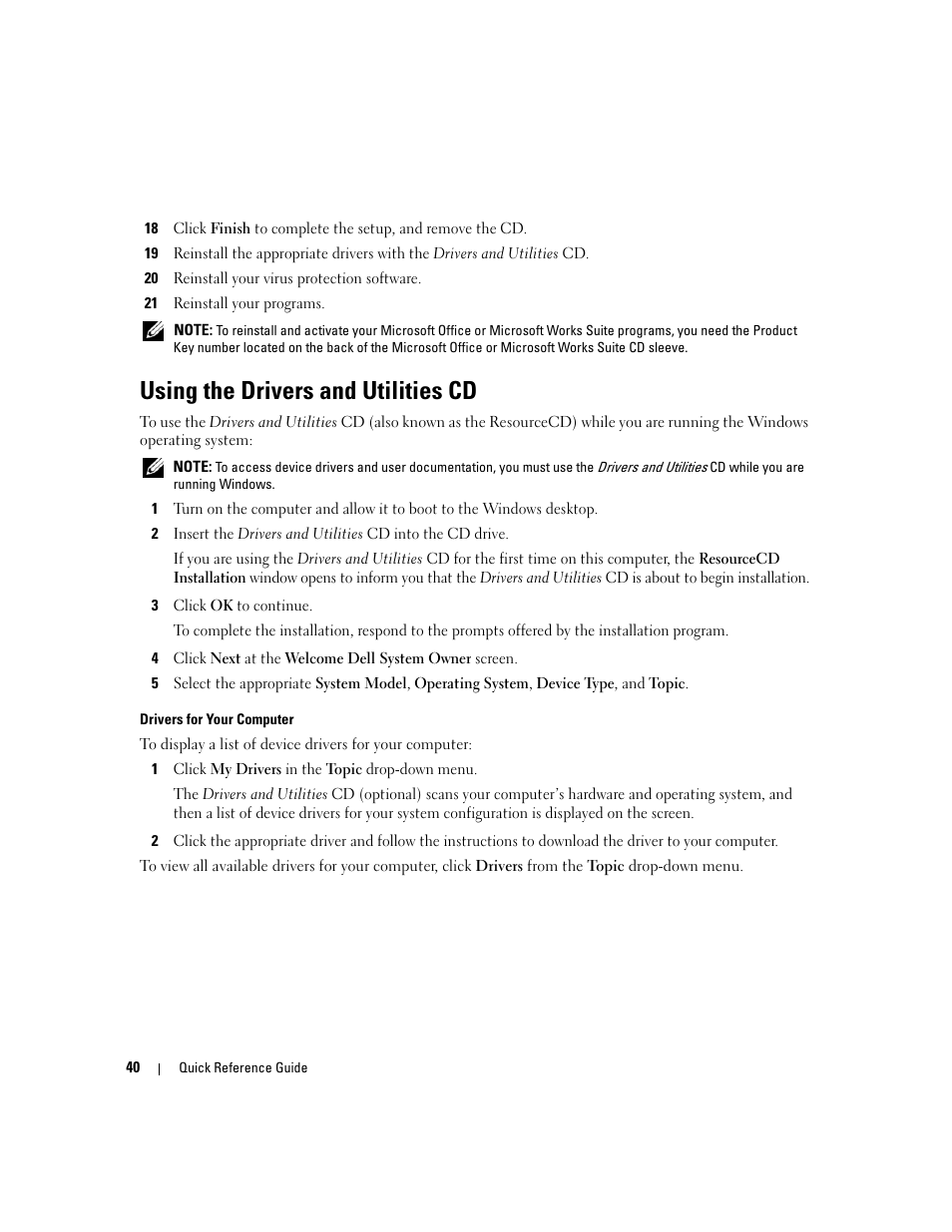 Using the drivers and utilities cd | Dell OptiPlex 210L User Manual | Page 40 / 128