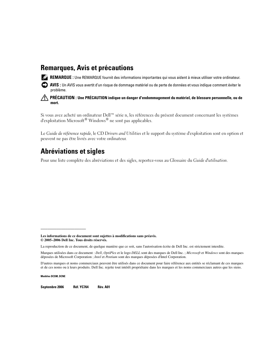 Remarques, avis et précautions, Abréviations et sigles | Dell OptiPlex 210L User Manual | Page 44 / 128