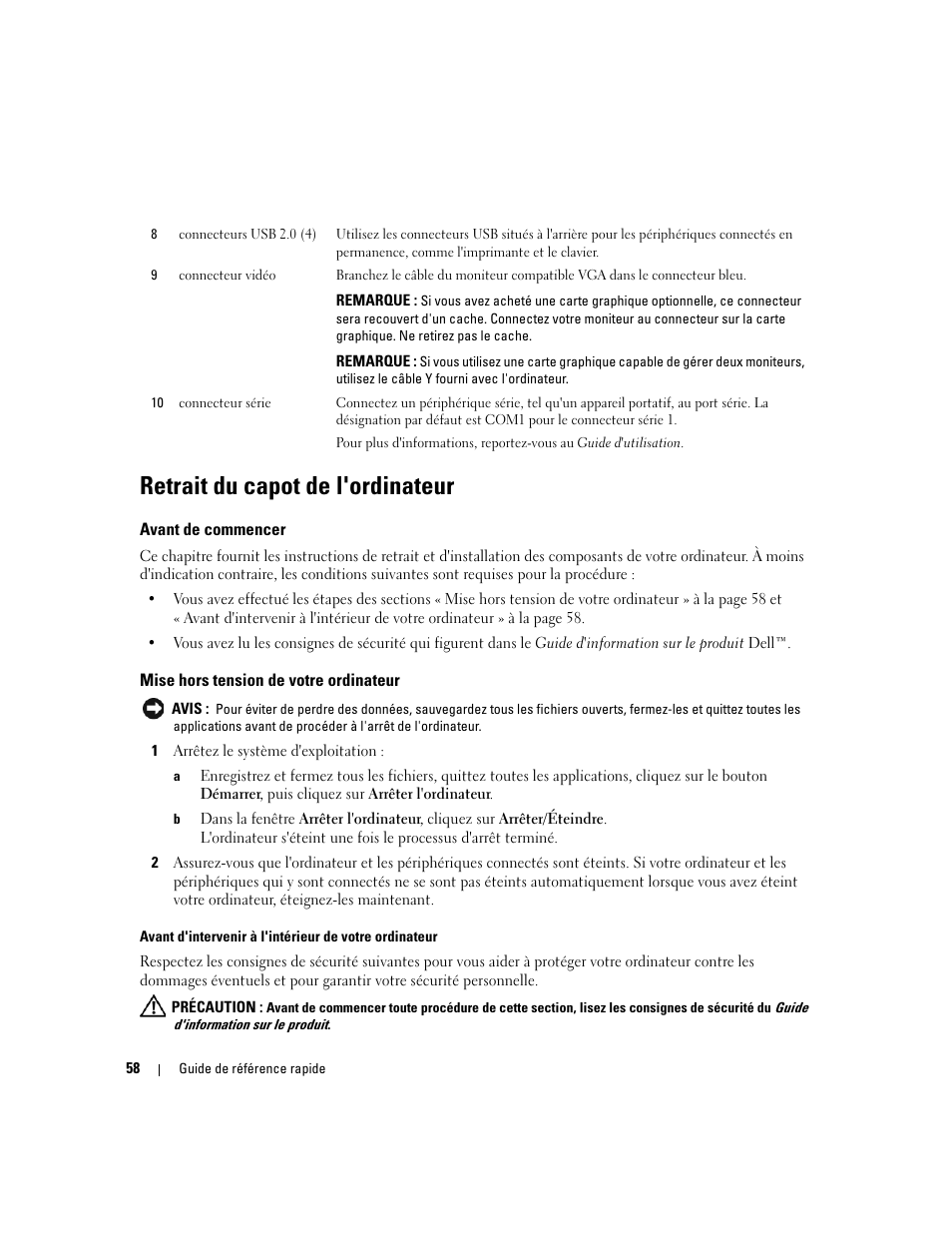 Retrait du capot de l'ordinateur, Avant de commencer, Mise hors tension de votre ordinateur | Dell OptiPlex 210L User Manual | Page 58 / 128