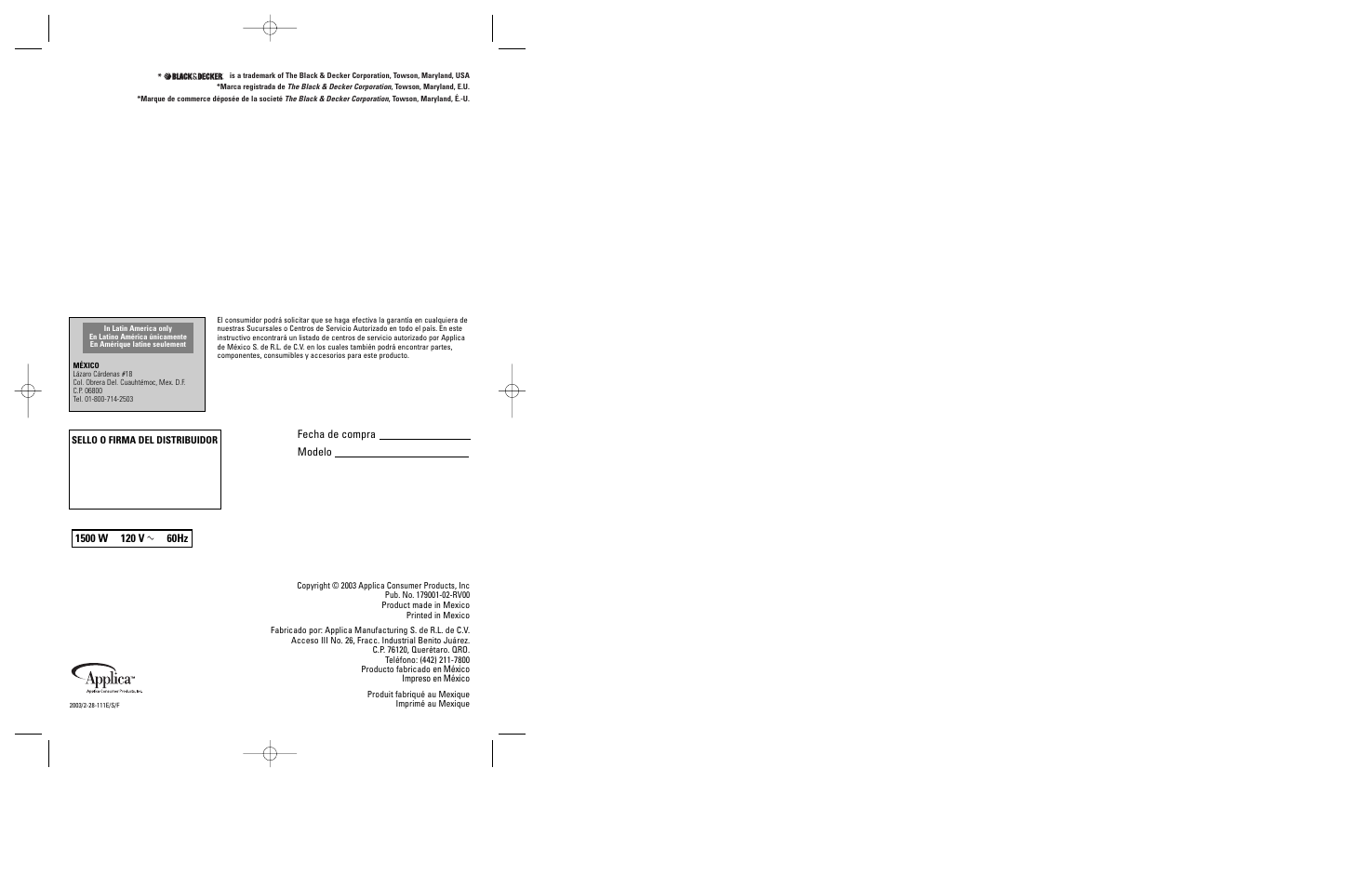 Fecha de compra modelo | Black & Decker CTO9500 User Manual | Page 17 / 17