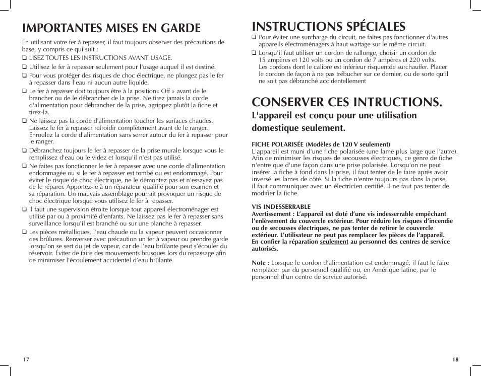 Importantes mises en garde, Instructions spéciales, Conserver ces intructions | Black & Decker D6000 User Manual | Page 10 / 17