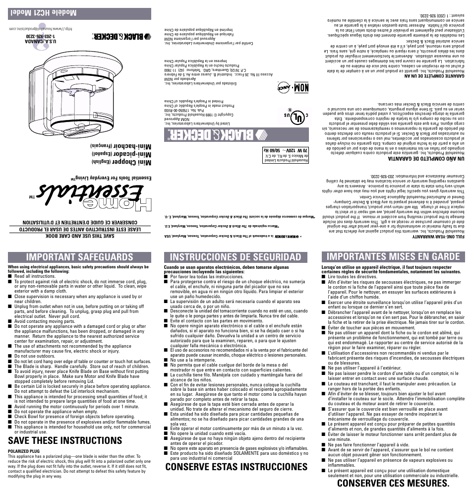 Important safeguards, Save these instructions, Instrucciones de seguridad | Conserver ces mesures, Modèle hc21model, Mini chopper, Mini-picador, Mini-hachoir | Black & Decker HC21 User Manual | Page 6 / 9
