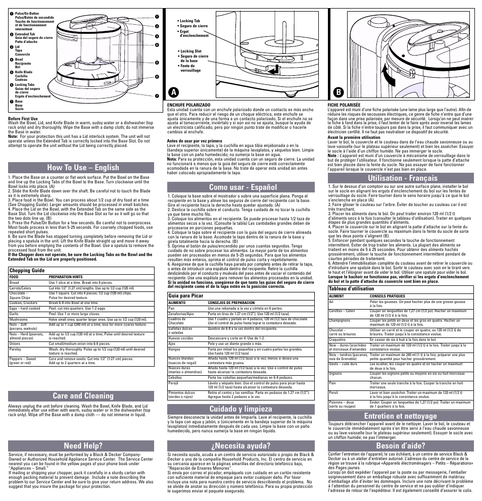 How to use, How to use – english care and cleaning, Need help? como usar - español cuidado y limpieza | Besoin d’aide? b a | Black & Decker HC21 User Manual | Page 7 / 9