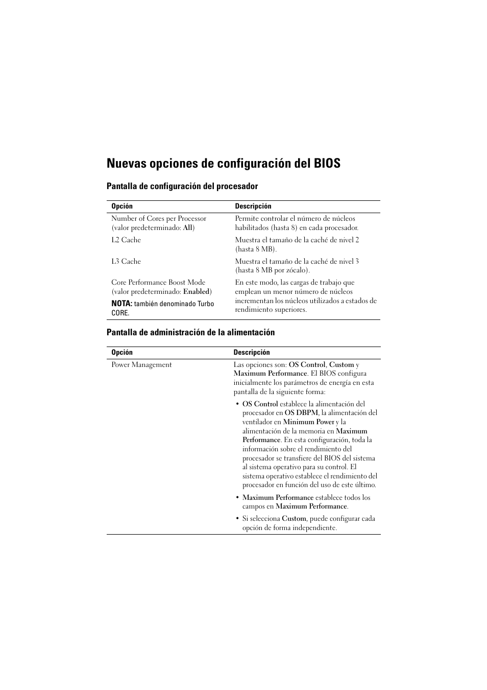 Nuevas opciones de configuración del bios, Pantalla de configuración del procesador, Pantalla de administración de la alimentación | Dell POWEREDGE R515 User Manual | Page 26 / 27