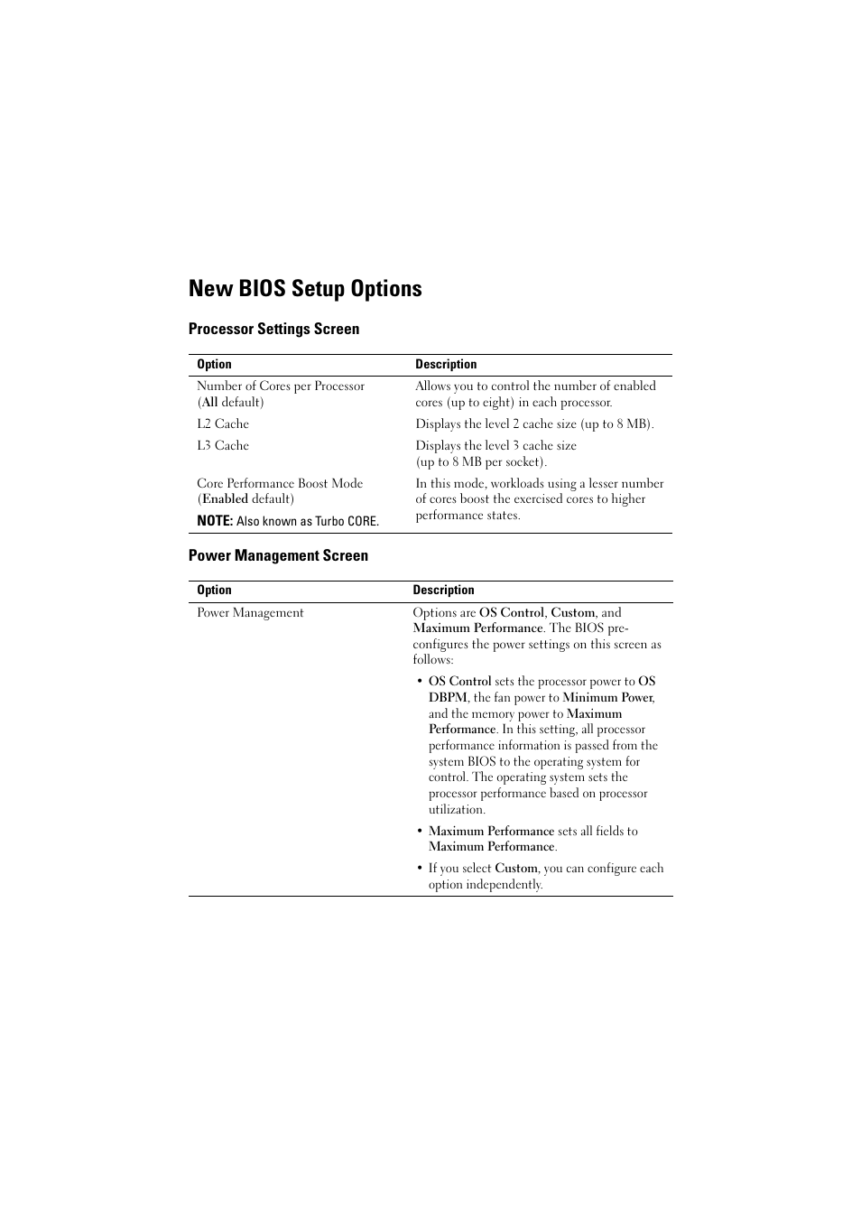 New bios setup options, Processor settings screen, Power management screen | Dell POWEREDGE R515 User Manual | Page 3 / 27