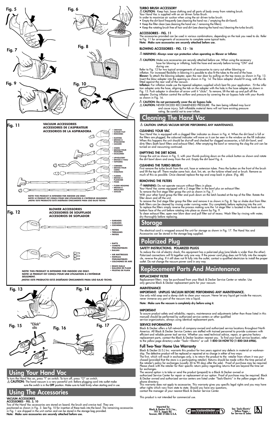 Replacement parts and maintenance, Storage, Fig. 15 fig. 16 | Black & Decker 598068-01 User Manual | Page 2 / 5