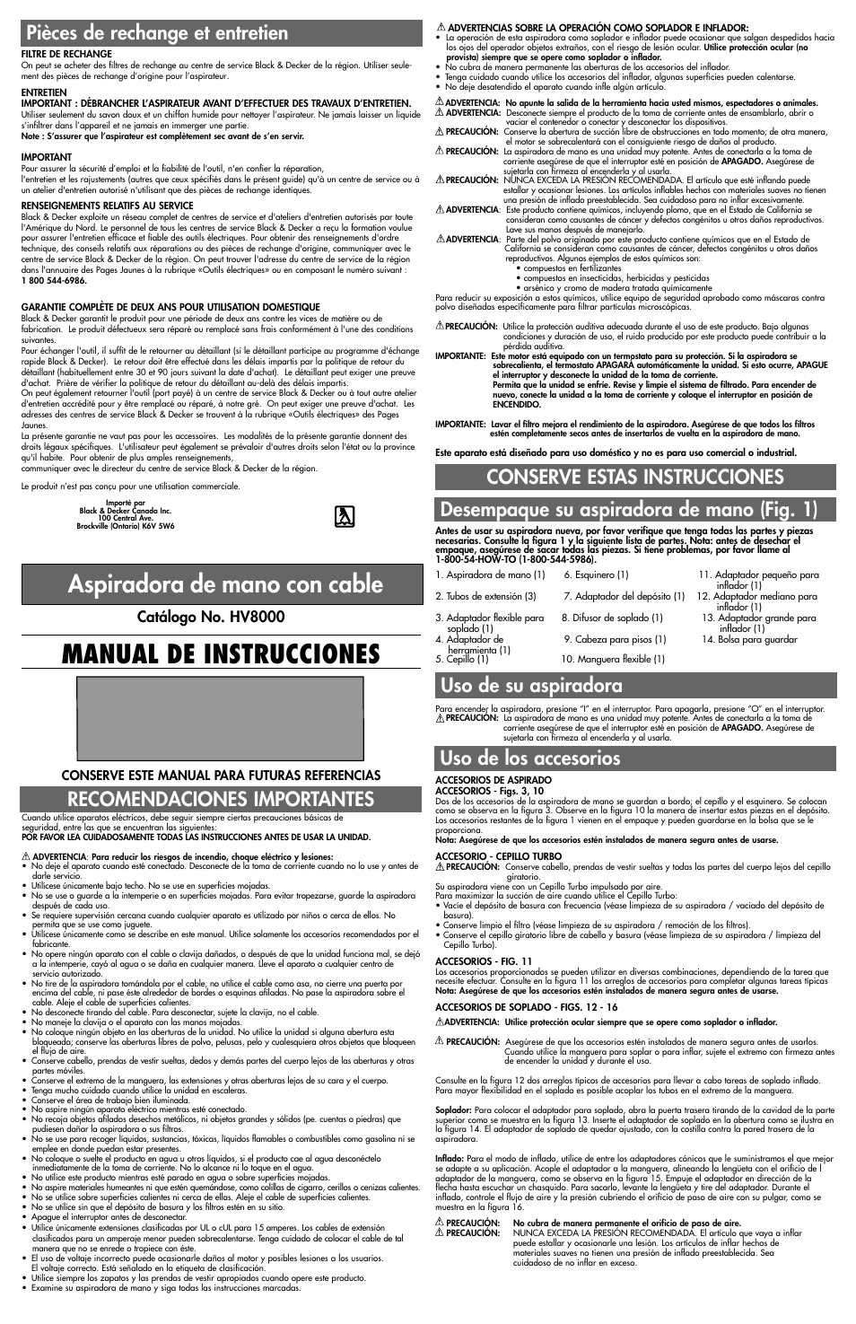 Manual de instrucciones, Aspiradora de mano con cable, Recomendaciones importantes | Pièces de rechange et entretien, Uso de los accesorios, Catálogo no. hv8000, Conserve este manual para futuras referencias | Black & Decker 598068-01 User Manual | Page 4 / 5