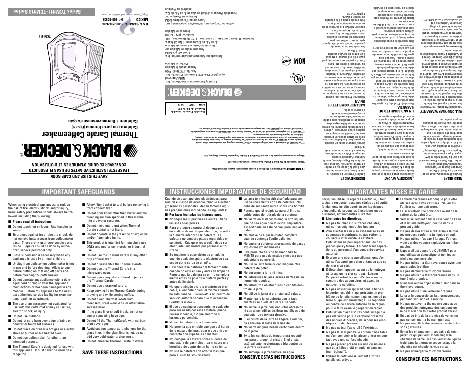 Mises en garde, Thermal carafe coffeemaker | Black & Decker TCM413 User Manual | Page 4 / 7