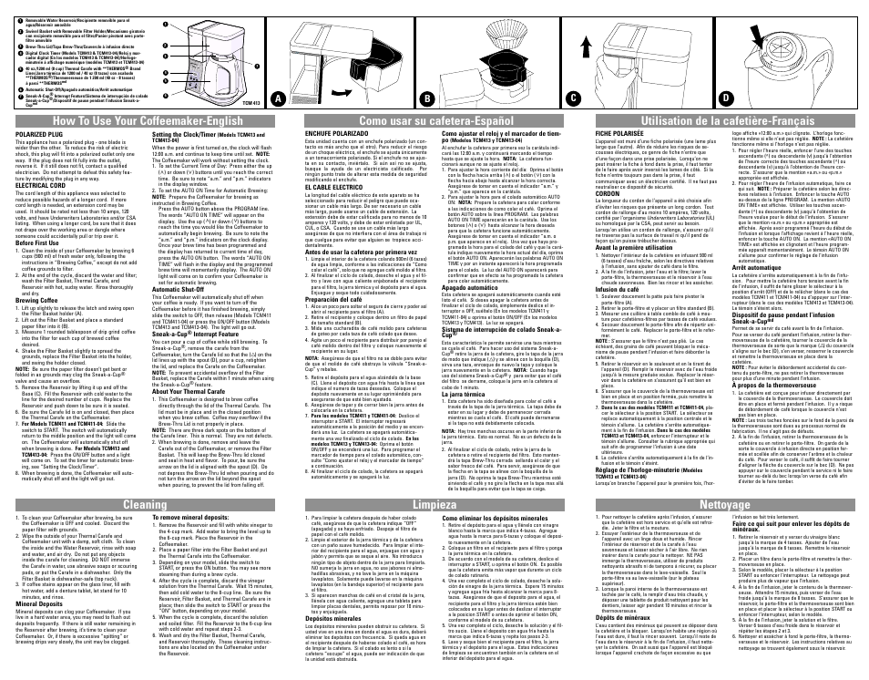 How to use, Cleaning, Como usar | Limpieza, Utilisation, Nettoyage, How to use your coffeemaker-english, Como usar su cafetera-español, Limpieza utilisation de la cafetière-français, Ab c d | Black & Decker TCM413 User Manual | Page 7 / 7