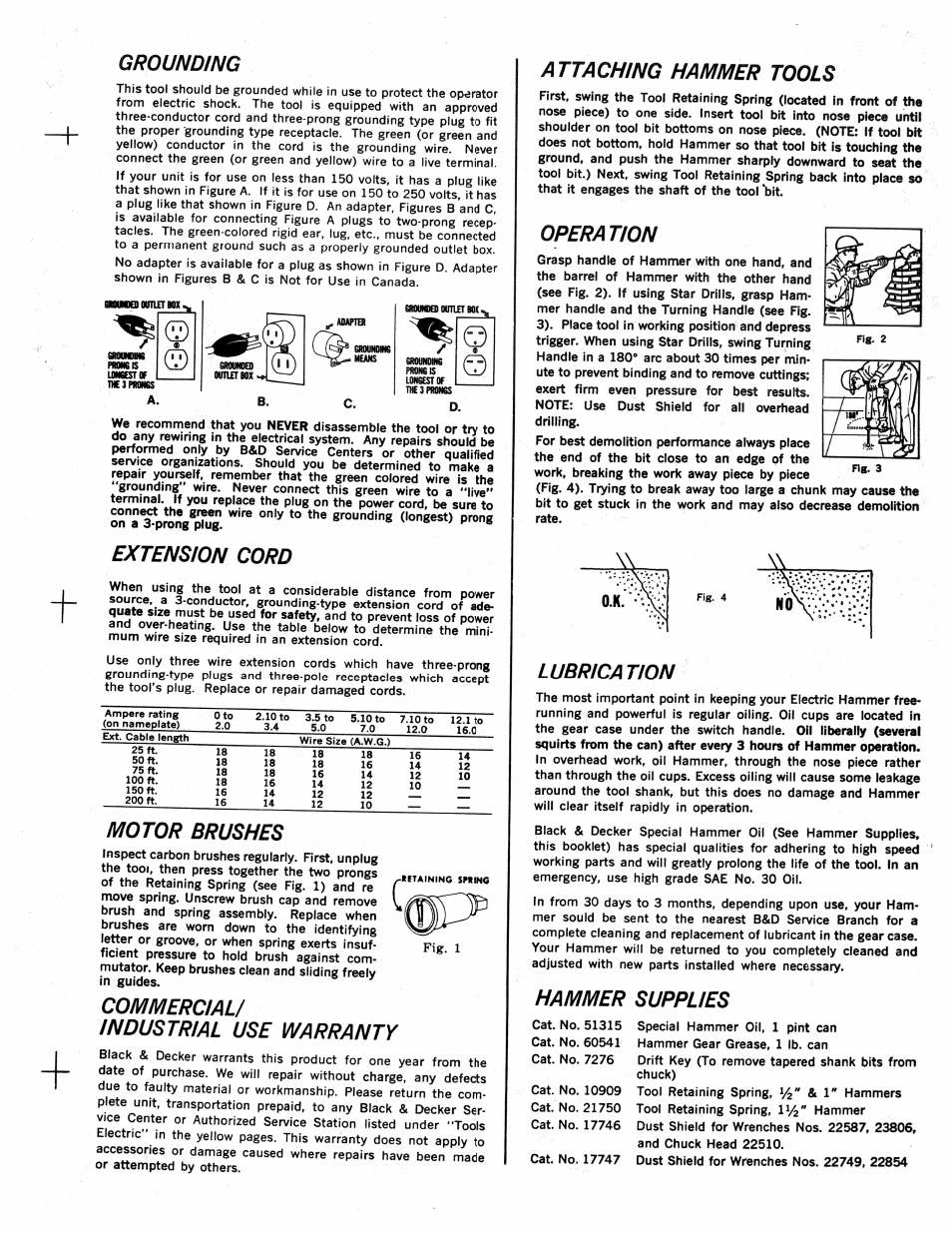 Grounding, Extension cord, Motor brushes | Commercial, Industrial use warranty, Attaching hammer tools, Operation, Lubrication, Hammer supplies, Commercial/ industrial use warranty | Black & Decker 44502-02 User Manual | Page 2 / 2