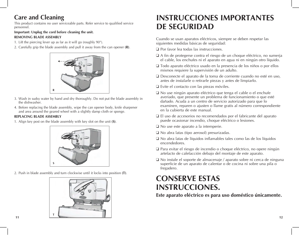 Instrucciones importantes de seguridad, Conserve estas instrucciones, Care and cleaning | Black & Decker CO100B User Manual | Page 7 / 15