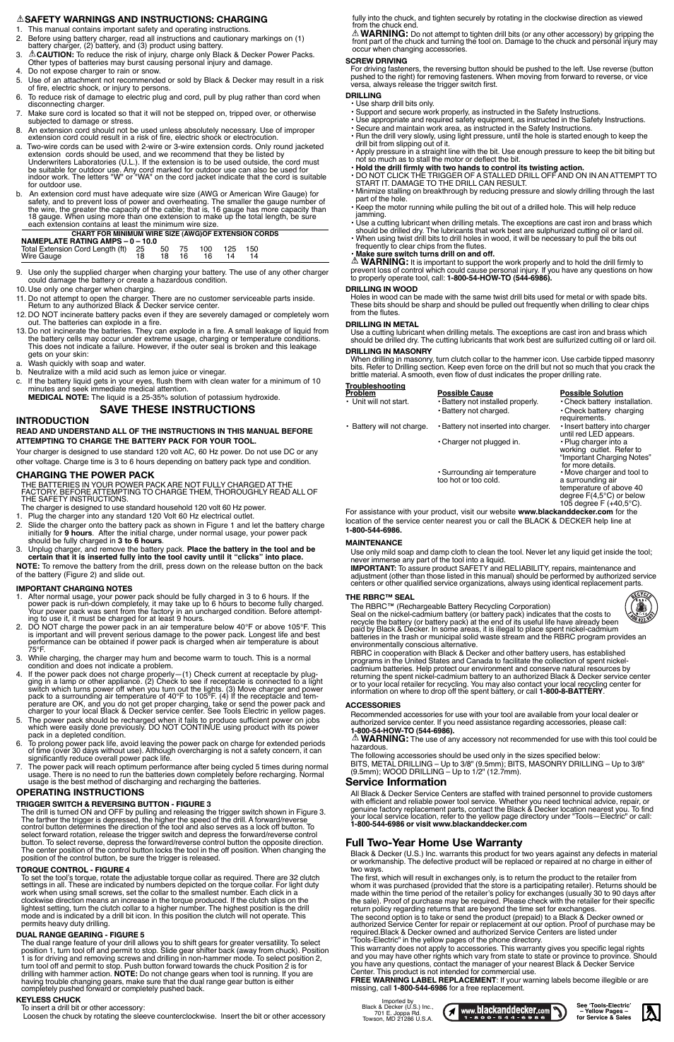 Service information, Full two-year home use warranty, Save these instructions | Black & Decker 90501231 User Manual | Page 2 / 6