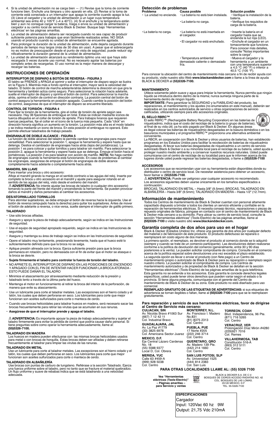 Información de mantenimiento, Garantía completa de dos años para uso en el hogar | Black & Decker 90501231 User Manual | Page 6 / 6