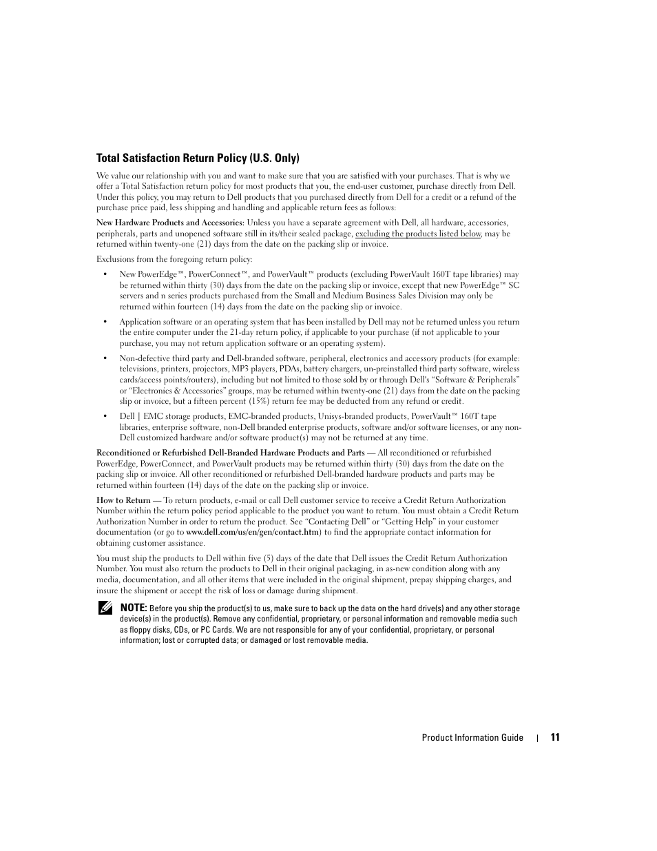 Total satisfaction return policy (u.s. only) | Dell LCD TV W4200 User Manual | Page 13 / 74