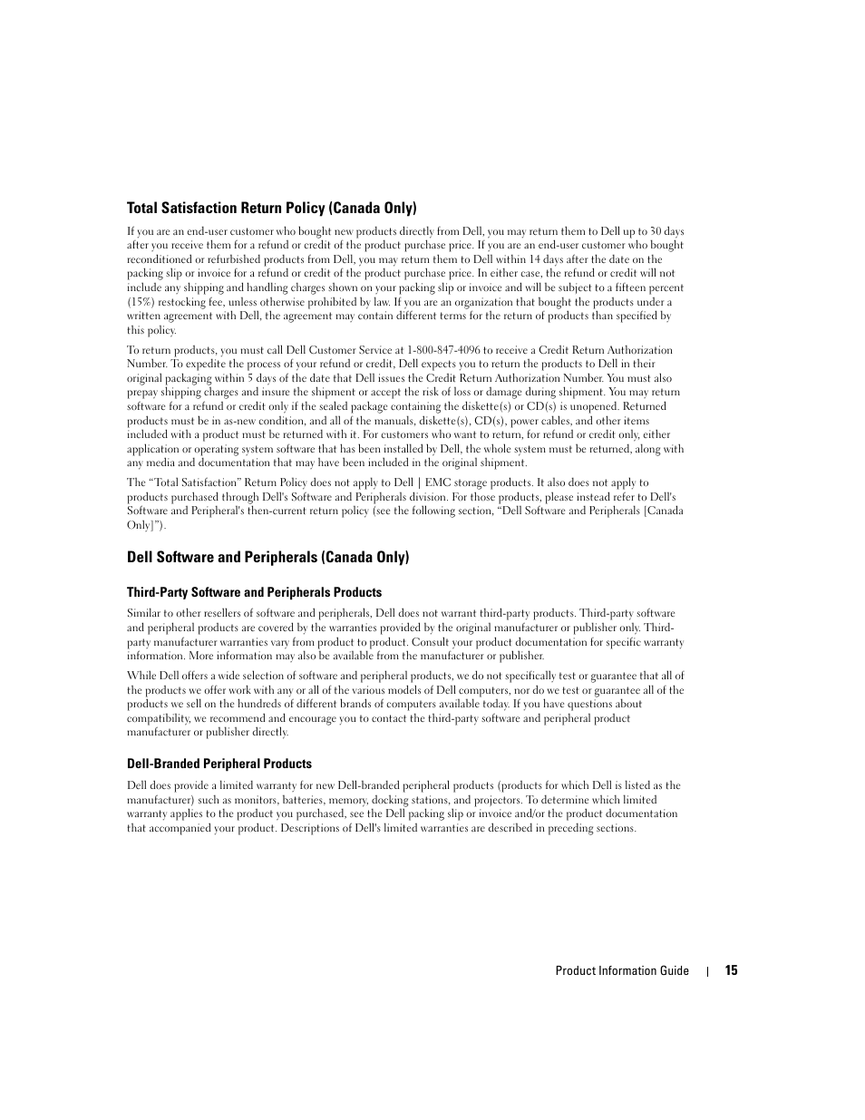 Total satisfaction return policy (canada only), Dell software and peripherals (canada only) | Dell LCD TV W4200 User Manual | Page 17 / 74
