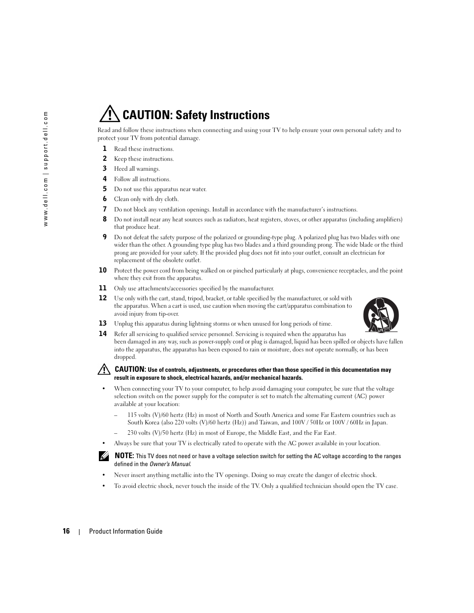 Caution: safety instructions | Dell LCD TV W4200 User Manual | Page 18 / 74