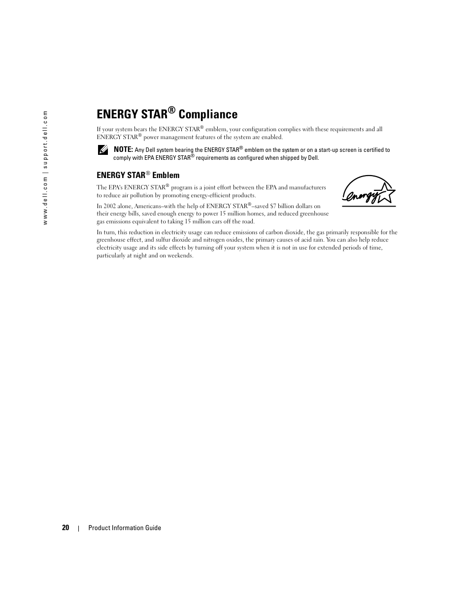 Energy star® compliance, Energy star® emblem, Energy star | Compliance, Emblem | Dell LCD TV W4200 User Manual | Page 22 / 74