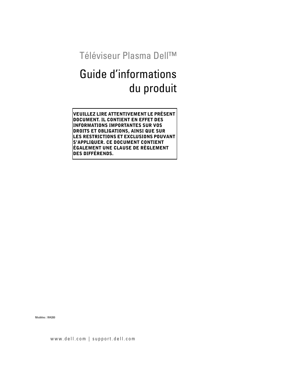 Guide d’informations du produit, Téléviseur plasma dell | Dell LCD TV W4200 User Manual | Page 25 / 74