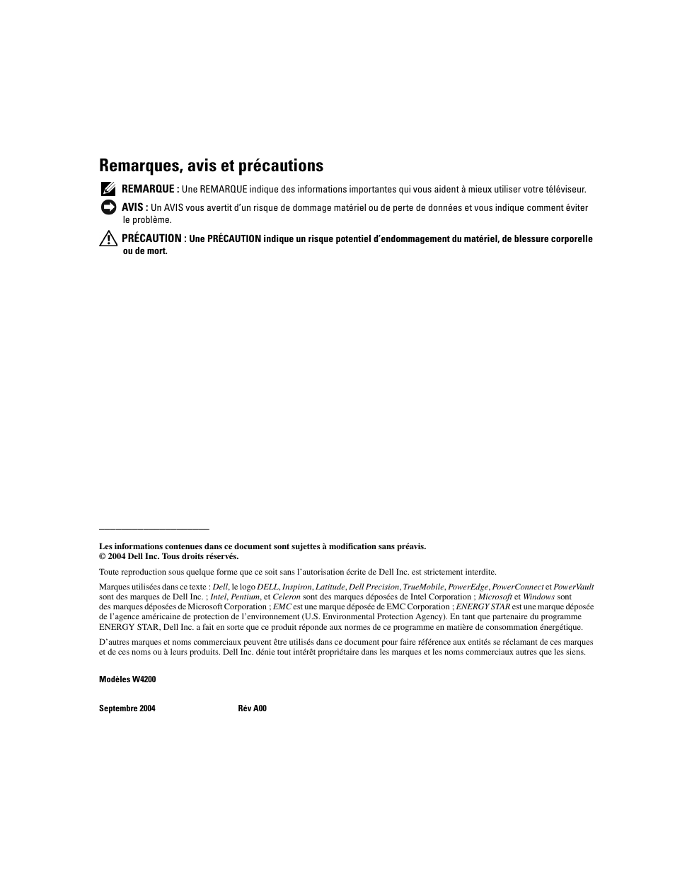 Remarques, avis et précautions | Dell LCD TV W4200 User Manual | Page 26 / 74