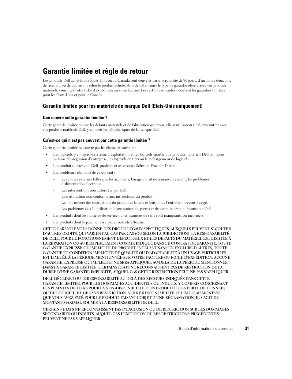 Garantie limitée et règle de retour | Dell LCD TV W4200 User Manual | Page 33 / 74