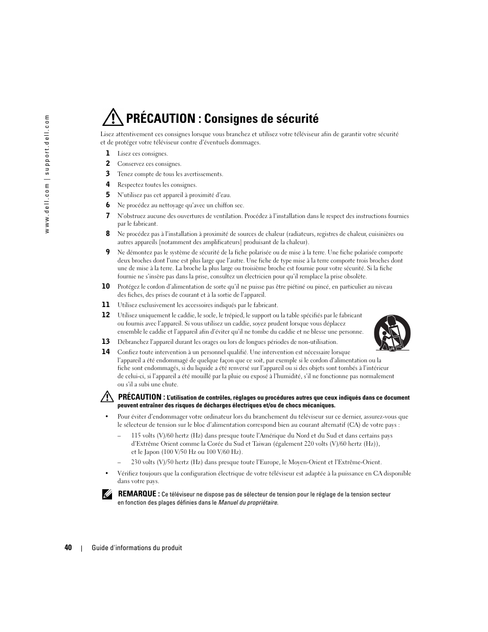 Précaution : consignes de sécurité | Dell LCD TV W4200 User Manual | Page 42 / 74
