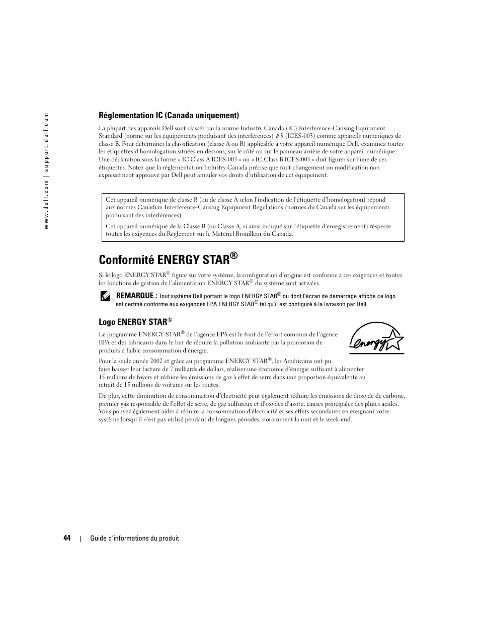 Réglementation ic (canada uniquement), Conformité energy star, Logo energy star | Dell LCD TV W4200 User Manual | Page 46 / 74