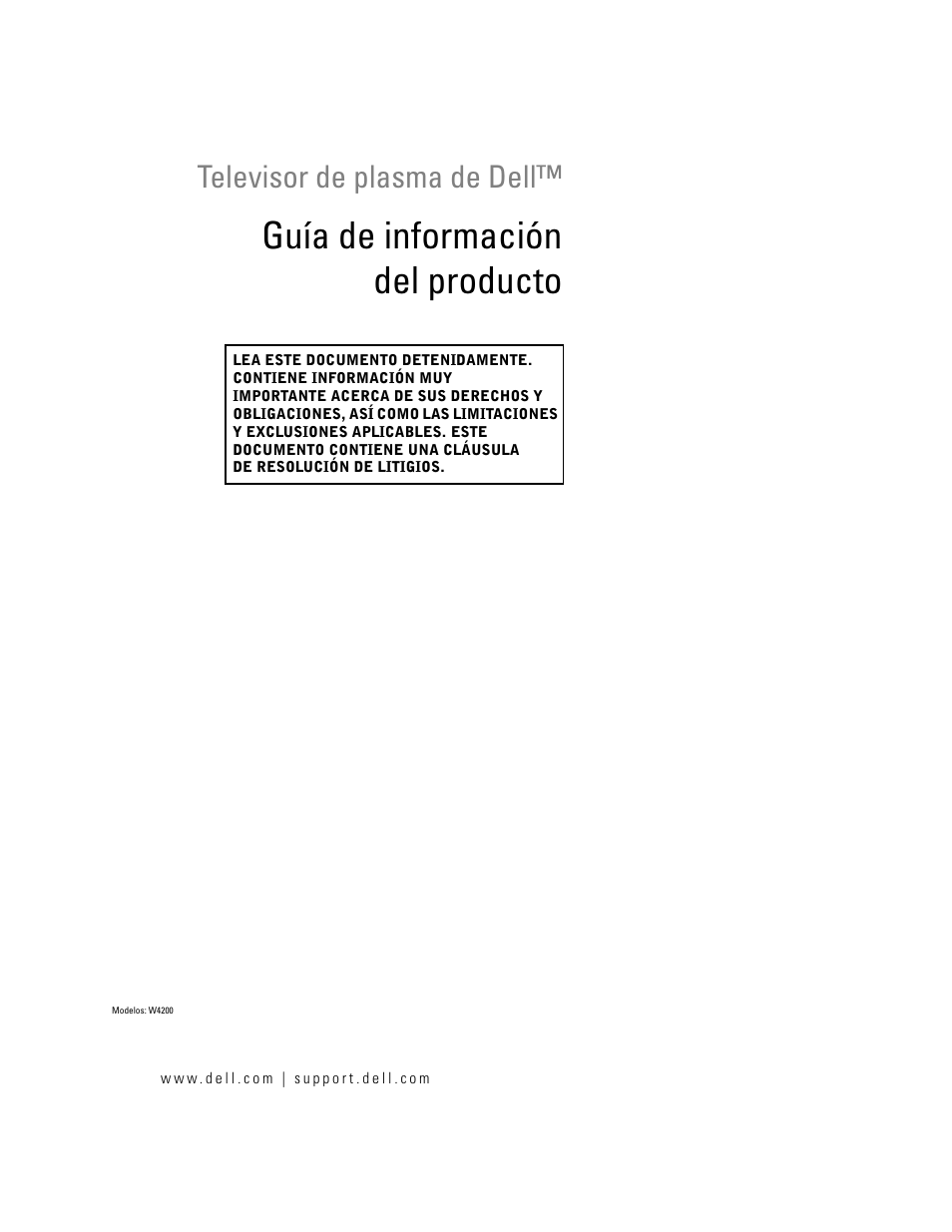 Guía de información del producto, Televisor de plasma de dell | Dell LCD TV W4200 User Manual | Page 49 / 74