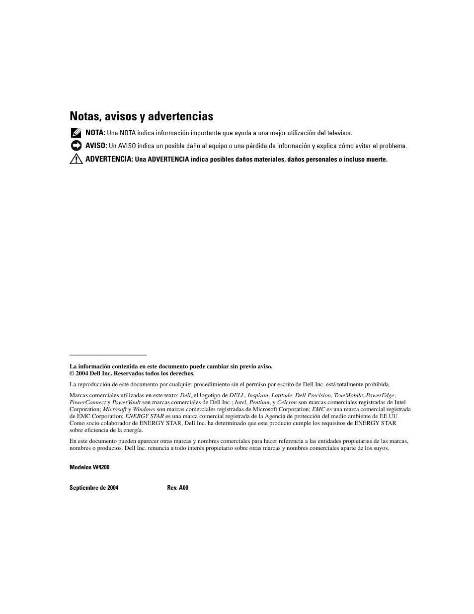 Notas, avisos y advertencias | Dell LCD TV W4200 User Manual | Page 50 / 74