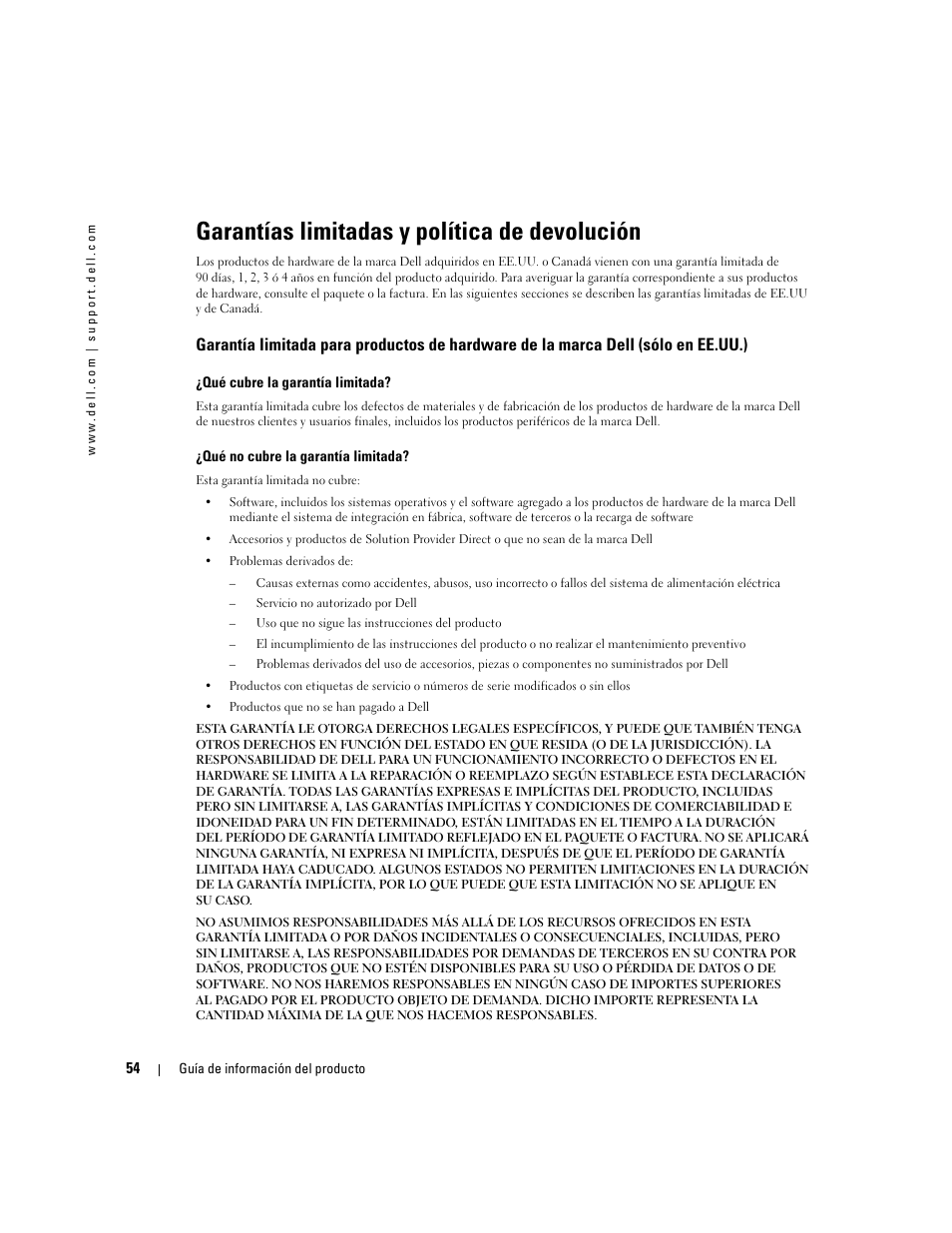 Garantías limitadas y política de devolución | Dell LCD TV W4200 User Manual | Page 56 / 74