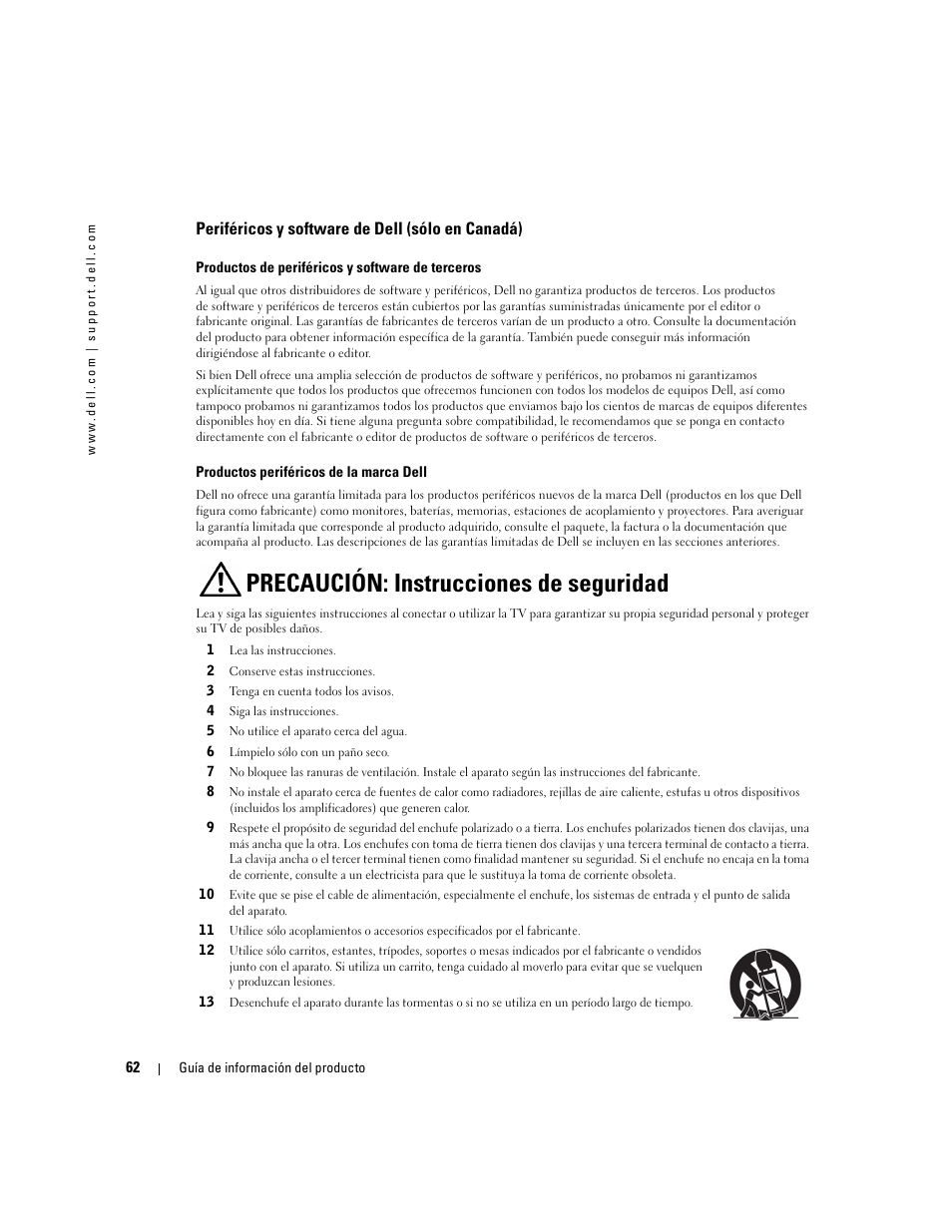 Periféricos y software de dell (sólo en canadá), Precaución: instrucciones de seguridad | Dell LCD TV W4200 User Manual | Page 64 / 74