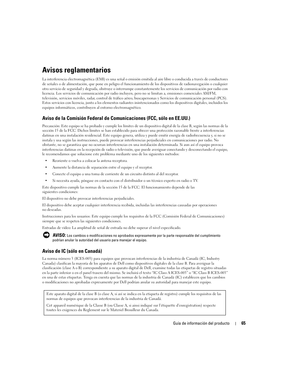Avisos reglamentarios, Aviso de ic (sólo en canadá) | Dell LCD TV W4200 User Manual | Page 67 / 74