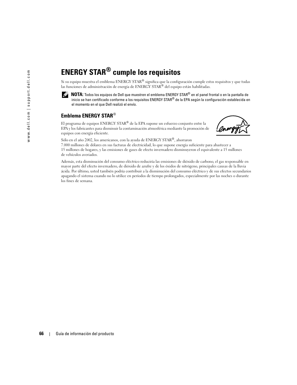 Energy star® cumple los requisitos, Emblema energy star, Energy star | Cumple los requisitos | Dell LCD TV W4200 User Manual | Page 68 / 74