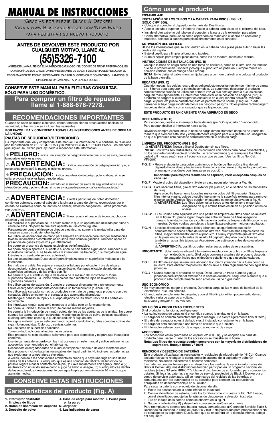 Manual de instrucciones, Advertencia, Peligro | Precaución, Conserve estas instrucciones, Cómo usar el producto | Black & Decker Dust Buster CHV1600 User Manual | Page 4 / 5