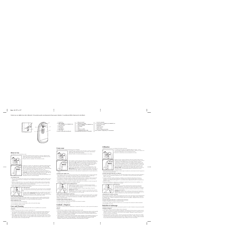 How to use, Care and cleaning, Como usar | Cuidado y limpieza, Utilisation, Entretien et nettoyage | Black & Decker GRAND OPENINGS CO1200 User Manual | Page 2 / 2