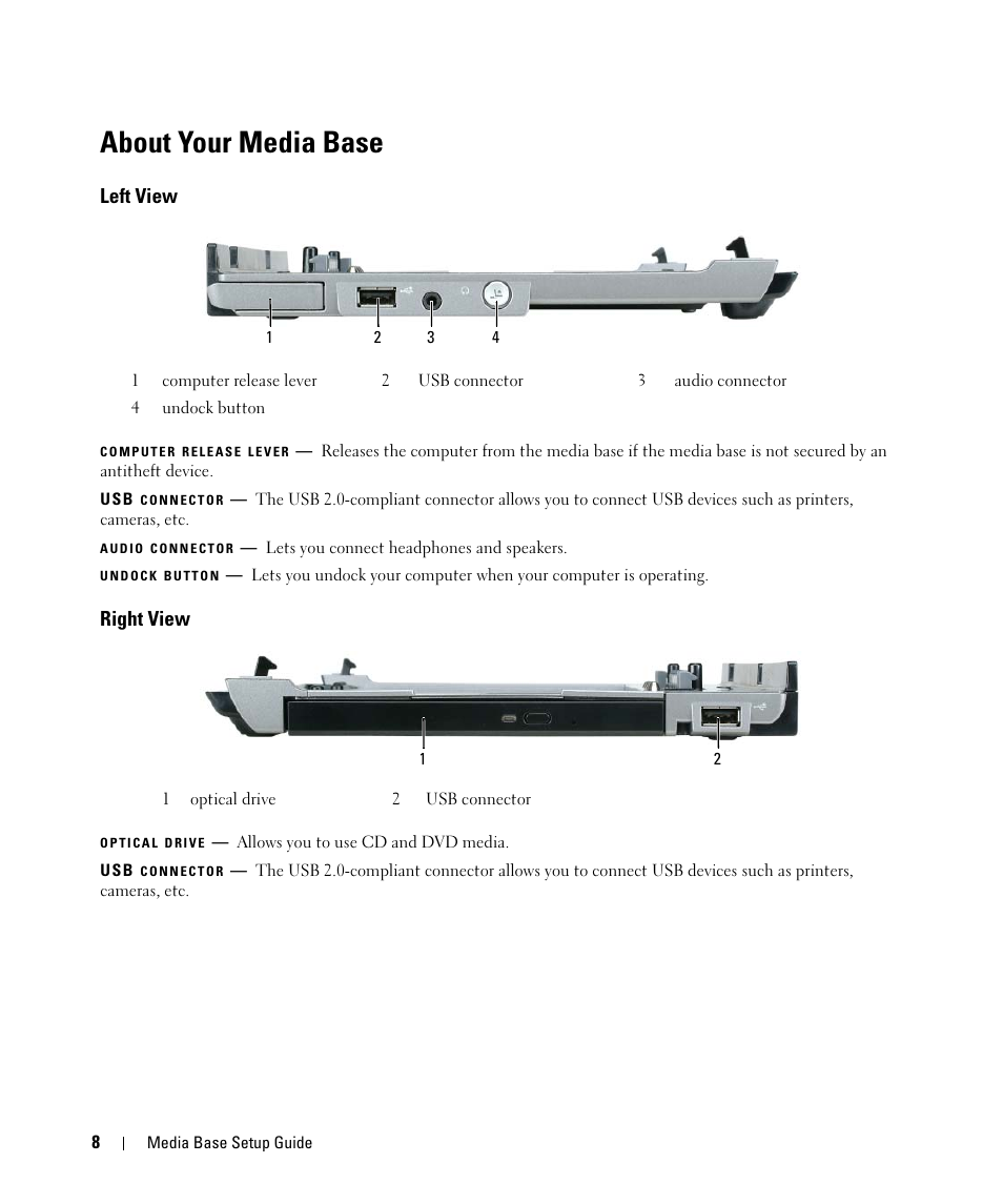 About your media base, Left view, Right view | Dell Latitude D430 (Mid 2007) User Manual | Page 10 / 142