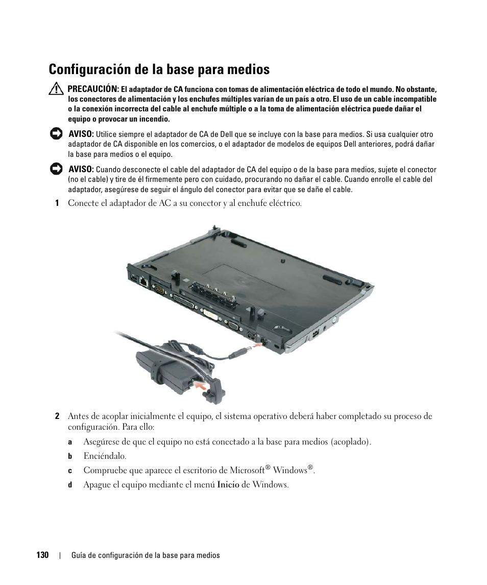 Configuración de la base para medios | Dell Latitude D430 (Mid 2007) User Manual | Page 132 / 142