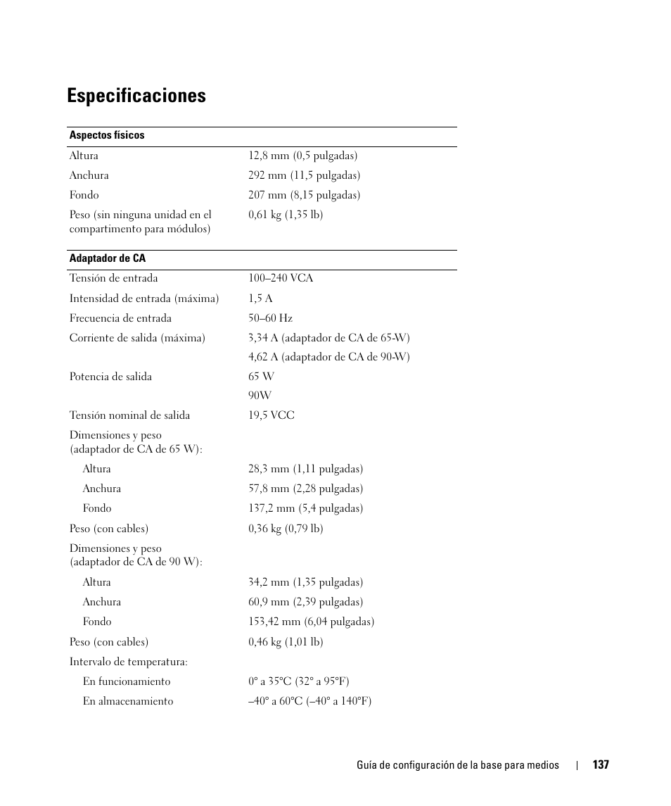 Especificaciones | Dell Latitude D430 (Mid 2007) User Manual | Page 139 / 142