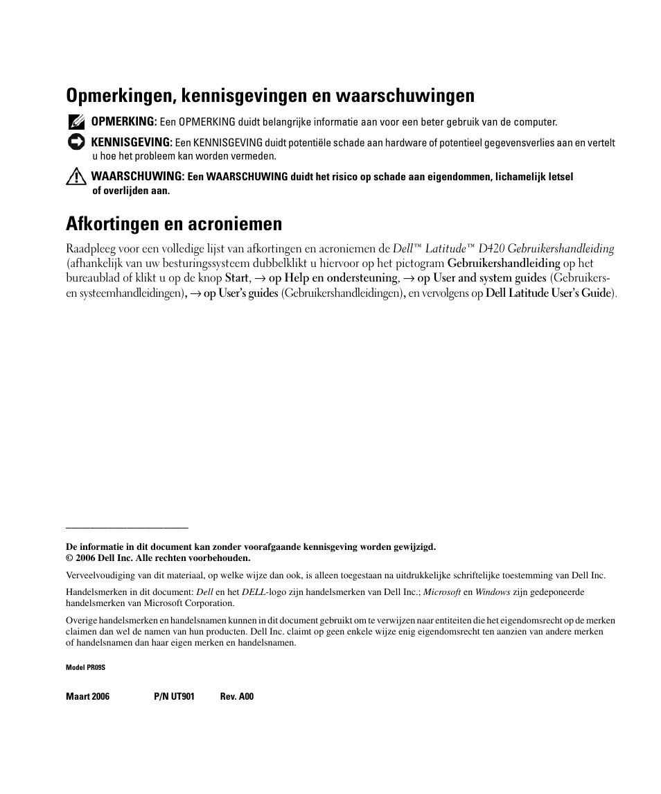 Opmerkingen, kennisgevingen en waarschuwingen, Afkortingen en acroniemen | Dell Latitude D430 (Mid 2007) User Manual | Page 34 / 142