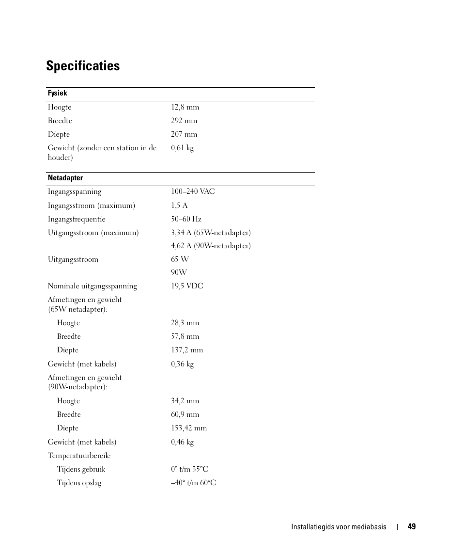 Specificaties | Dell Latitude D430 (Mid 2007) User Manual | Page 51 / 142