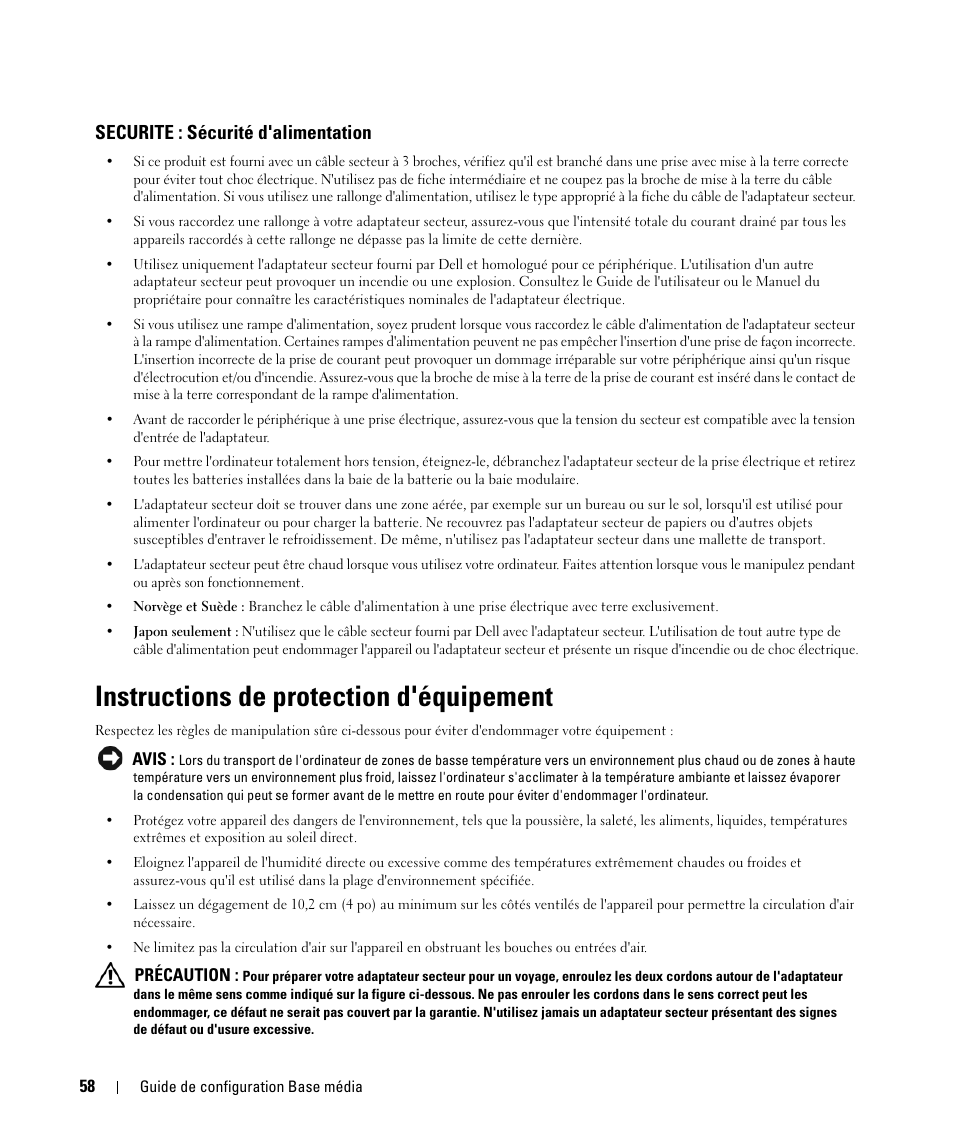 Securite : sécurité d'alimentation, Instructions de protection d'équipement | Dell Latitude D430 (Mid 2007) User Manual | Page 60 / 142