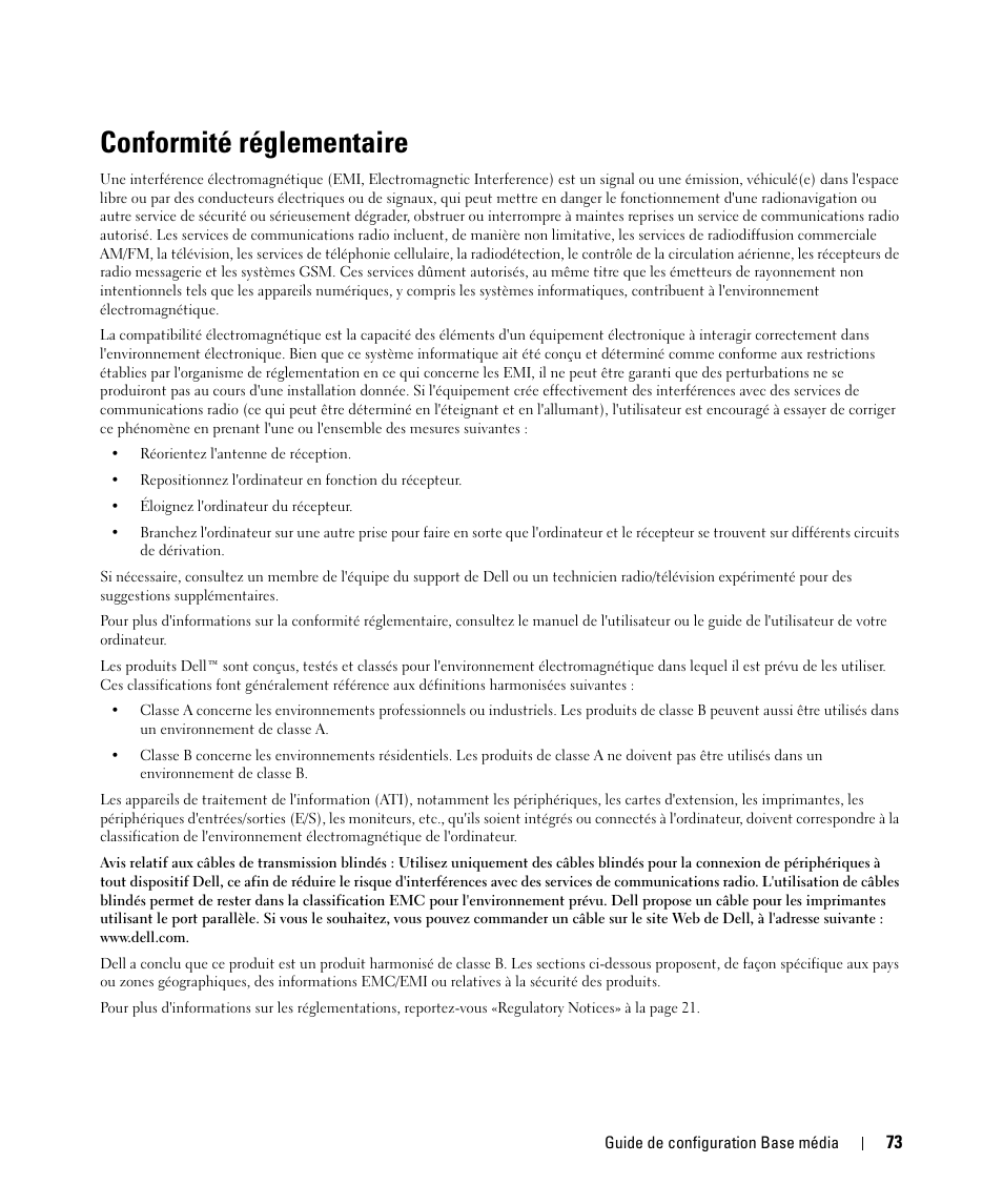 Conformité réglementaire | Dell Latitude D430 (Mid 2007) User Manual | Page 75 / 142