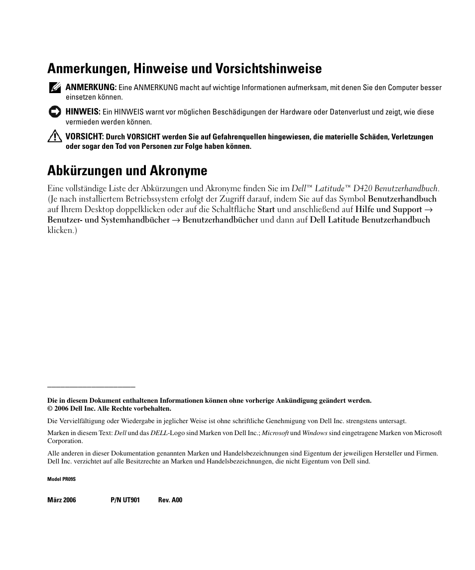 Anmerkungen, hinweise und vorsichtshinweise, Abkürzungen und akronyme | Dell Latitude D430 (Mid 2007) User Manual | Page 78 / 142
