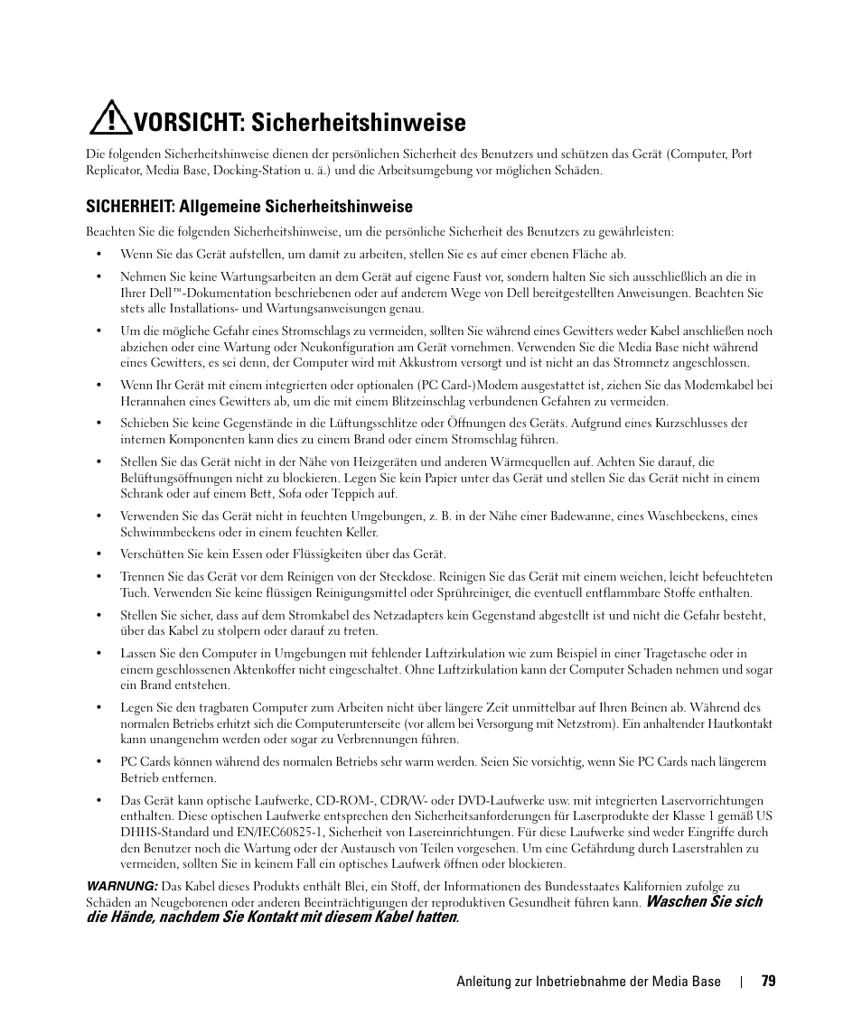 Vorsicht: sicherheitshinweise, Sicherheit: allgemeine sicherheitshinweise | Dell Latitude D430 (Mid 2007) User Manual | Page 81 / 142