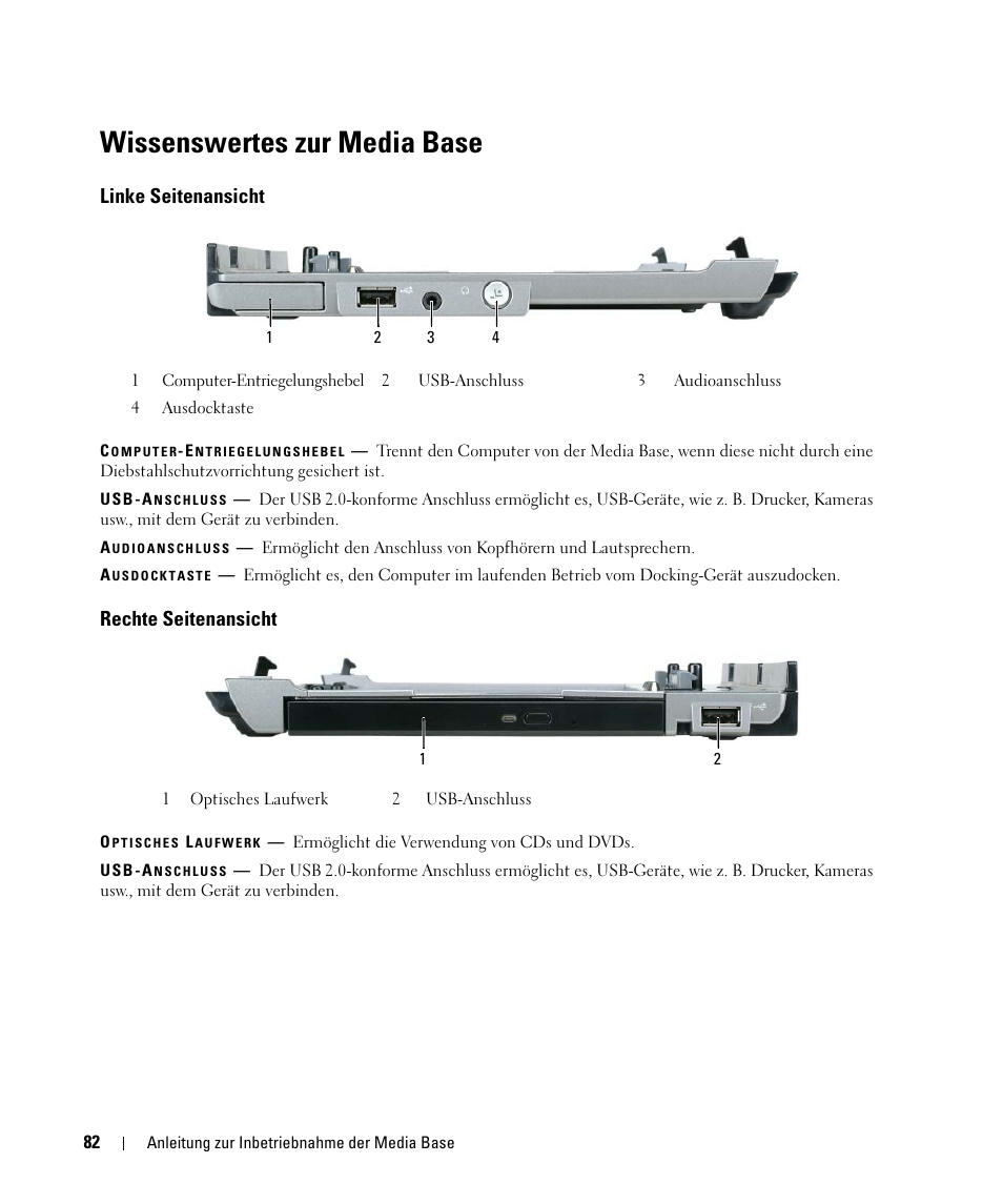 Wissenswertes zur media base, Linke seitenansicht, Rechte seitenansicht | Dell Latitude D430 (Mid 2007) User Manual | Page 84 / 142