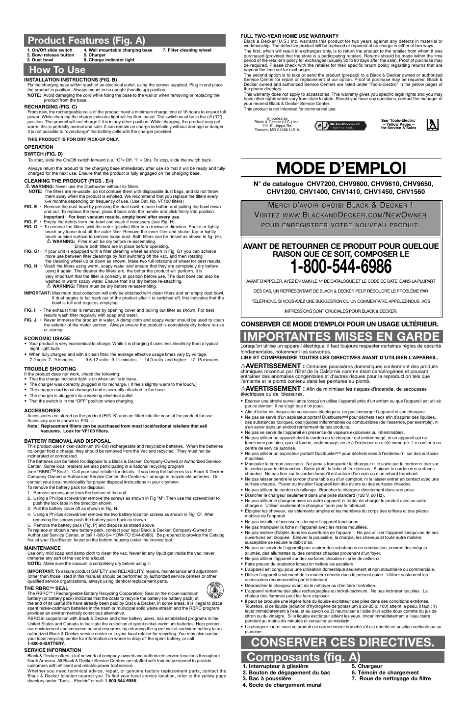 Mode d’emploi, Importantes mises en garde, Conserver ces directives. composants (fig. a) | How to use product features (fig. a) | Black & Decker Dust Buster 90515256 User Manual | Page 2 / 4