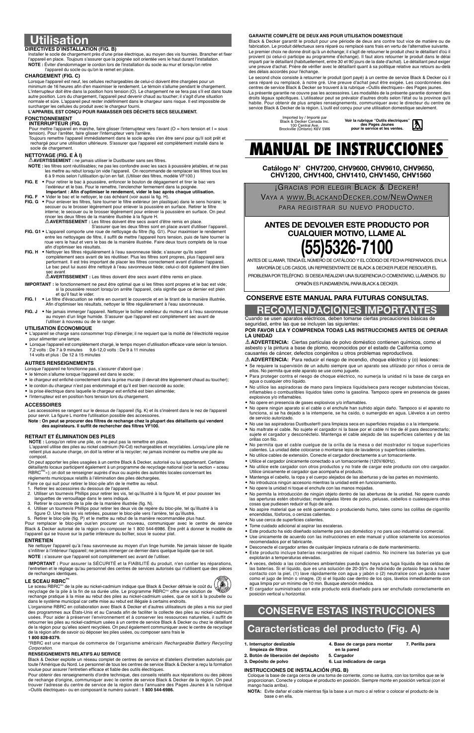 Manual de instrucciones, Utilisation, Recomendaciones importantes | Conserve estas instrucciones, Características del producto (fig. a) | Black & Decker Dust Buster 90515256 User Manual | Page 3 / 4