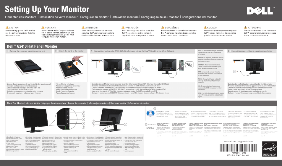 Setting up your monitor, Vorsicht, Attention | Precaución, Ostrzezenie, Cuidado, Ahenzione, Deir g2410 fiat panel monitor, Energy star, Caution | Dell G2210 Monitor User Manual | Page 2 / 2