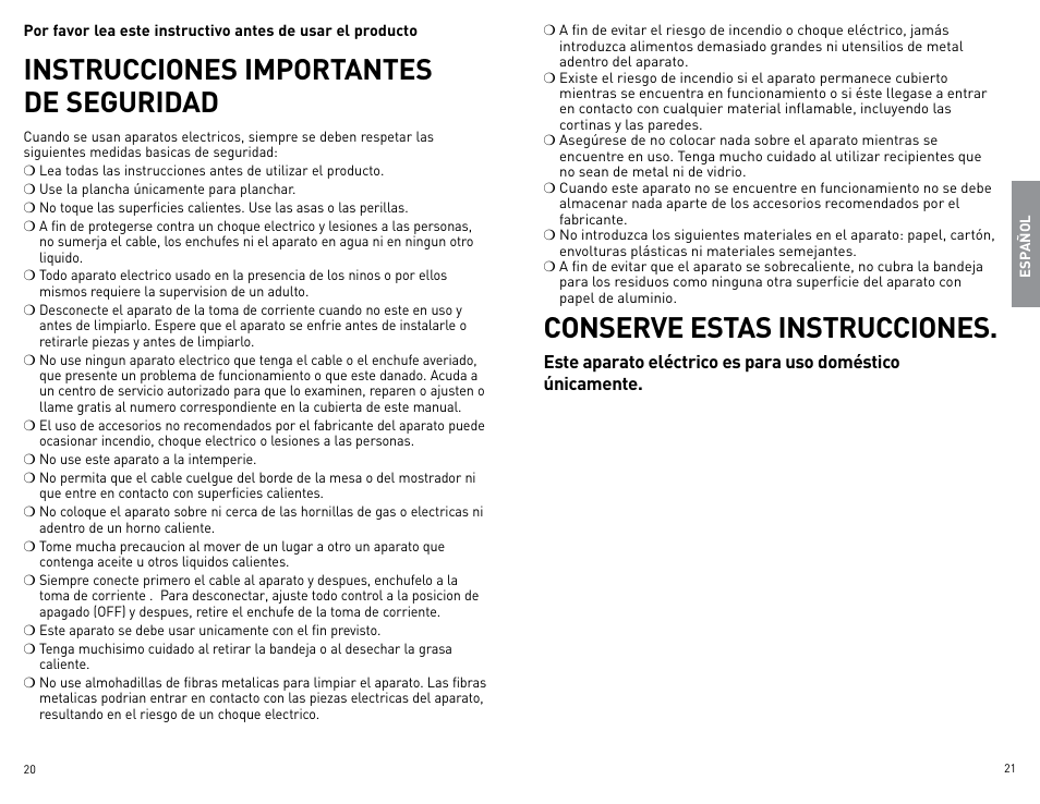 Instrucciones importantes de seguridad, Conserve estas instrucciones | Black & Decker Perfect Broil CTO4400B-11G User Manual | Page 11 / 35