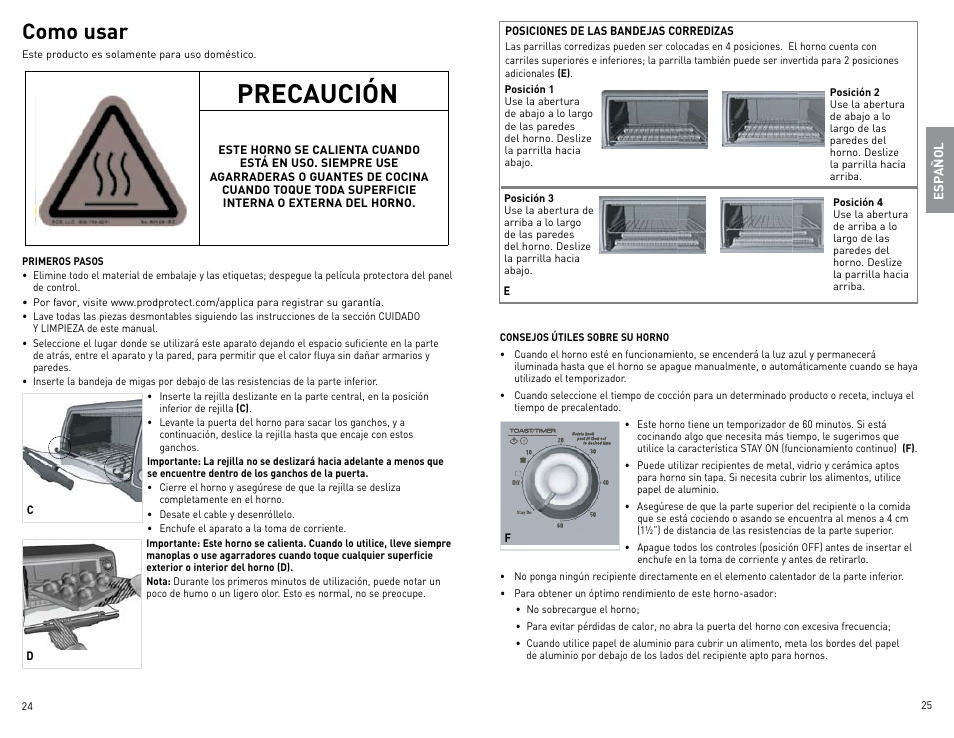 Precaución, Como usar | Black & Decker Perfect Broil CTO4400B-11G User Manual | Page 13 / 35