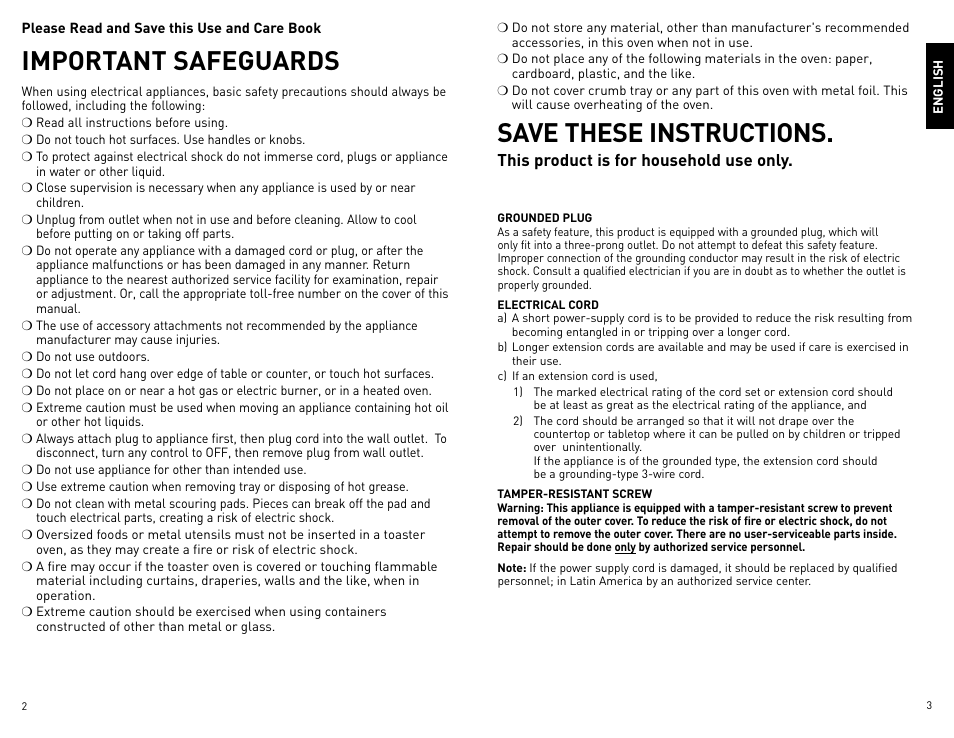 Important safeguards, Save these instructions | Black & Decker Perfect Broil CTO4400B-11G User Manual | Page 2 / 35